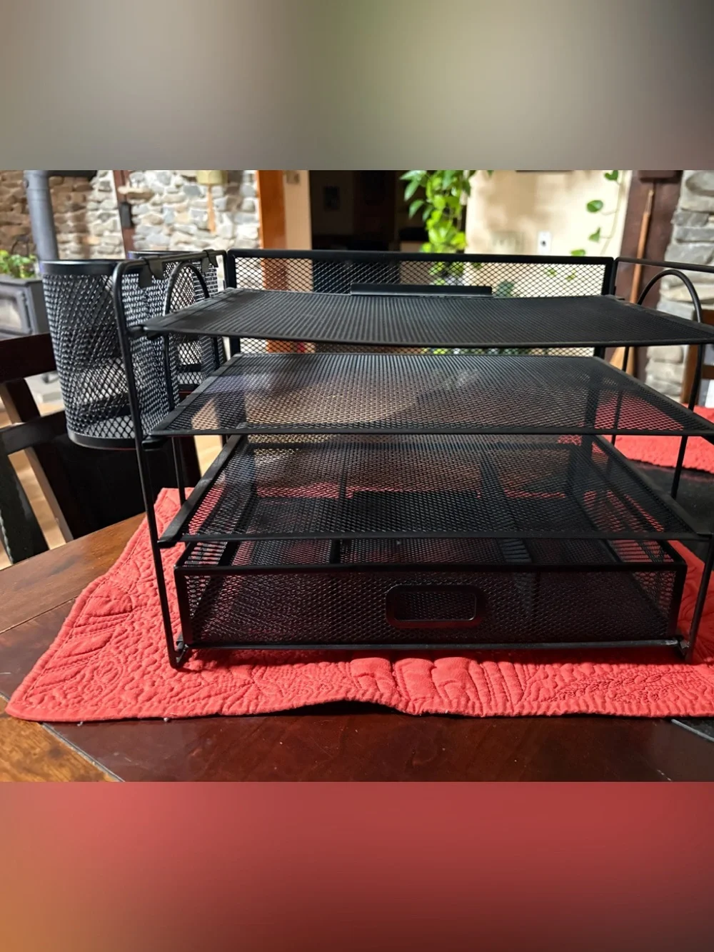 Mesh Desk Organizer, 3 Trays, 1 Drawer, 2 Pen Holders, Office Desktop Organizer